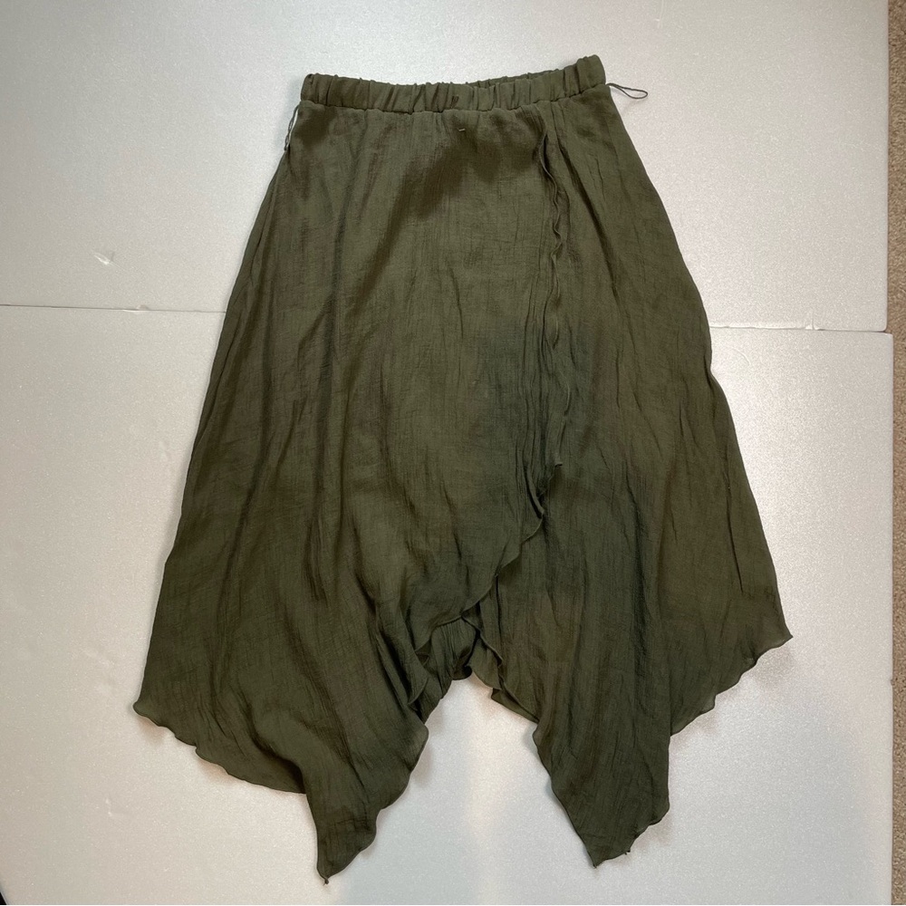 Women’s Olive Green Crinkle Chiffon-like Wrap Style Skirt, Mini Skirt Lining XS